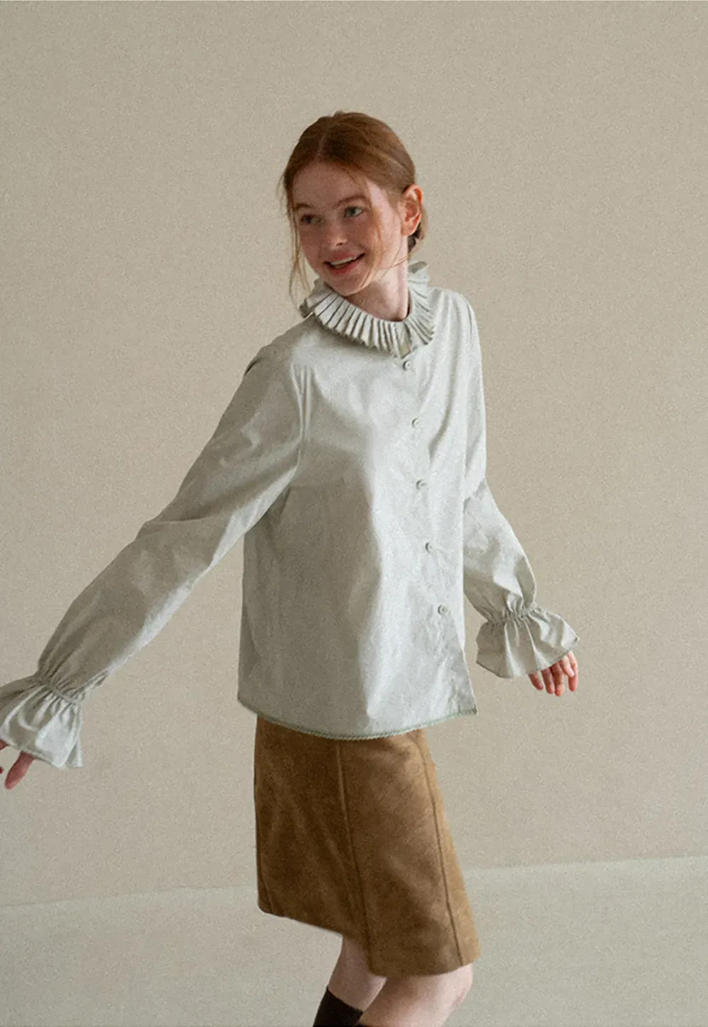 Pleated Collar Ruched Sleeve Button Up Shirt