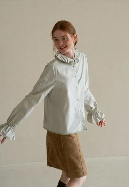 Pleated Collar Ruched Sleeve Button Up Shirt