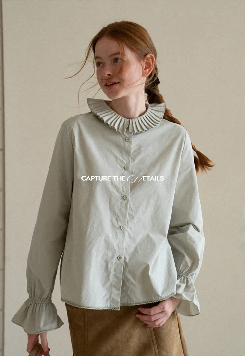 Pleated Collar Ruched Sleeve Button Up Shirt
