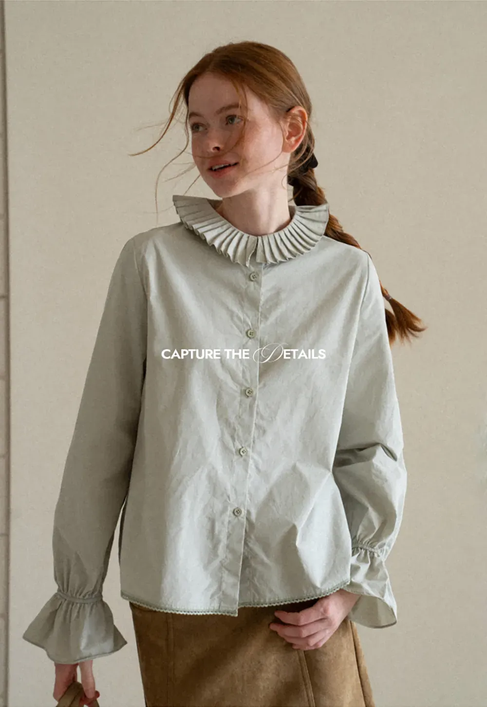 Pleated Collar Ruched Sleeve Button Up Shirt