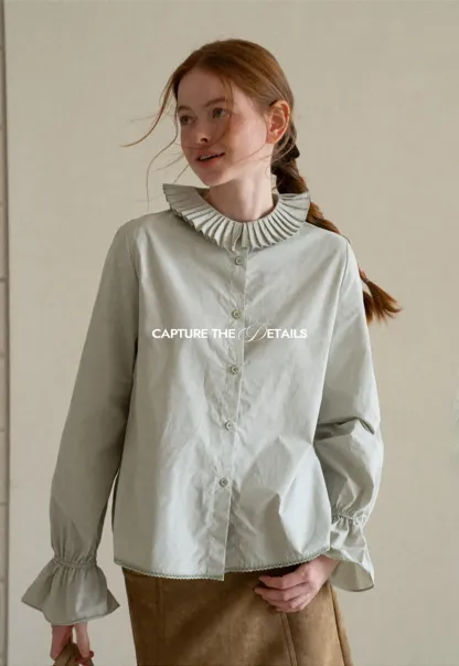Pleated Collar Ruched Sleeve Button Up Shirt