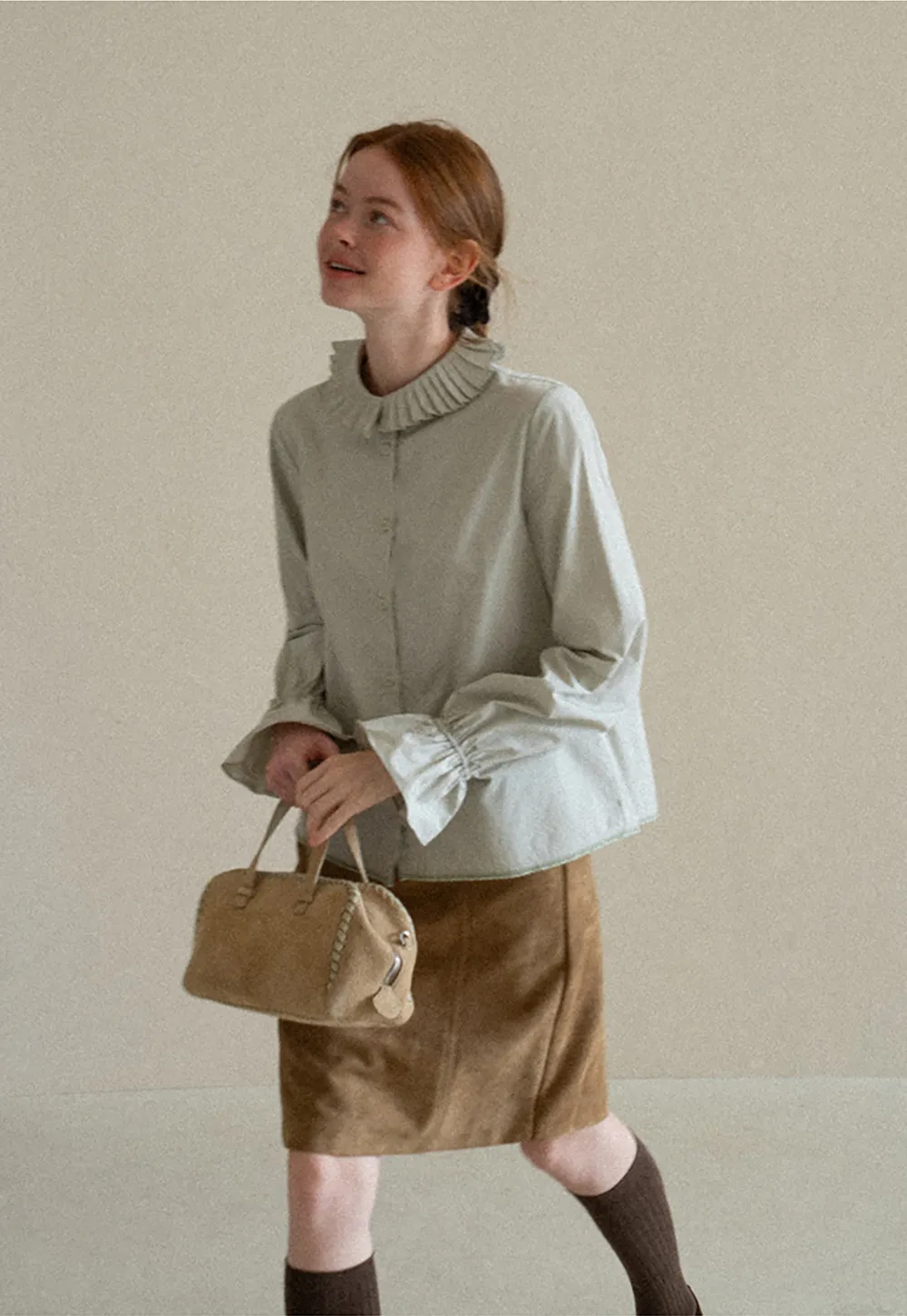 Pleated Collar Ruched Sleeve Button Up Shirt