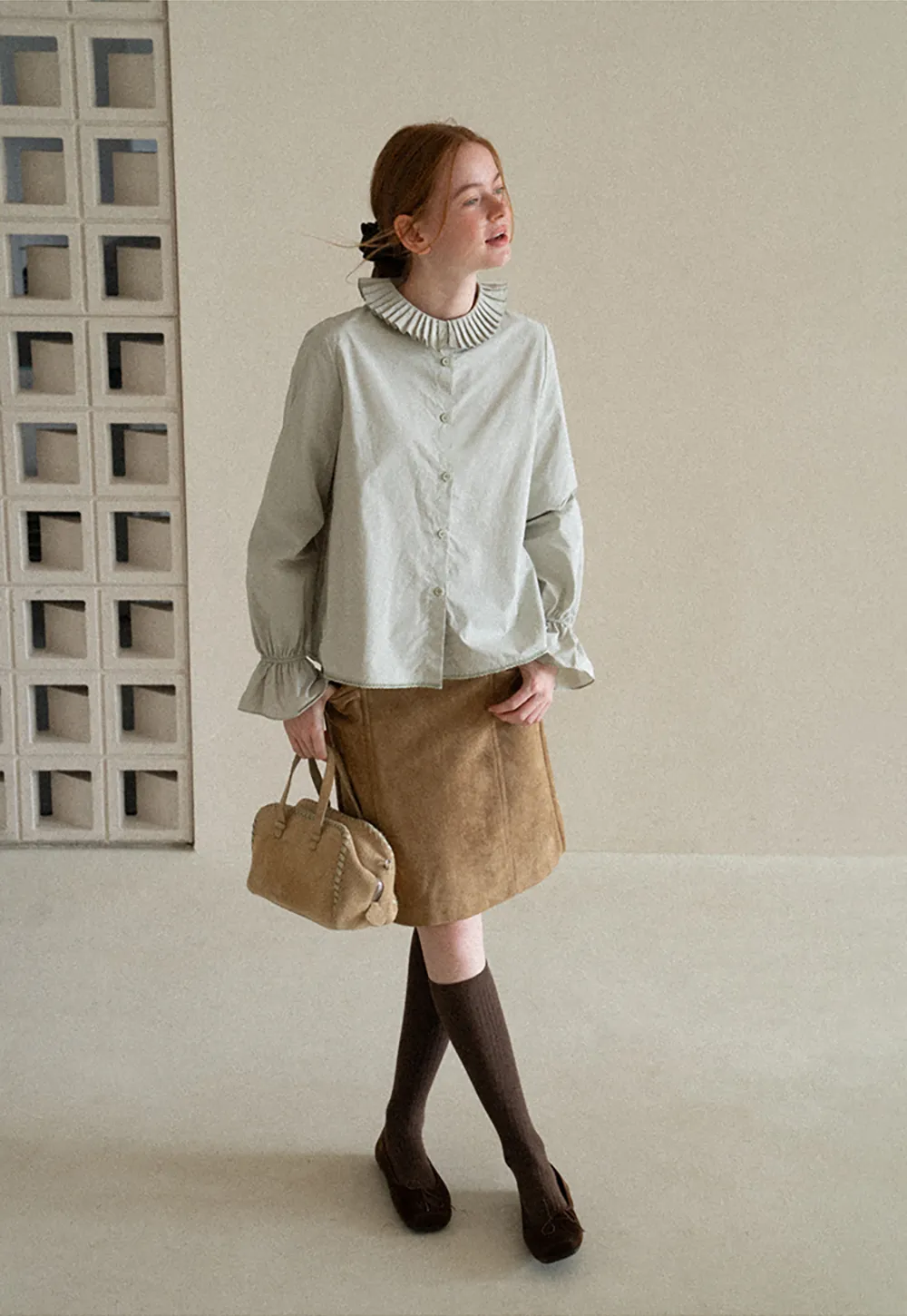 Pleated Collar Ruched Sleeve Button Up Shirt