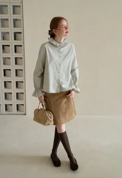 Pleated Collar Ruched Sleeve Button Up Shirt