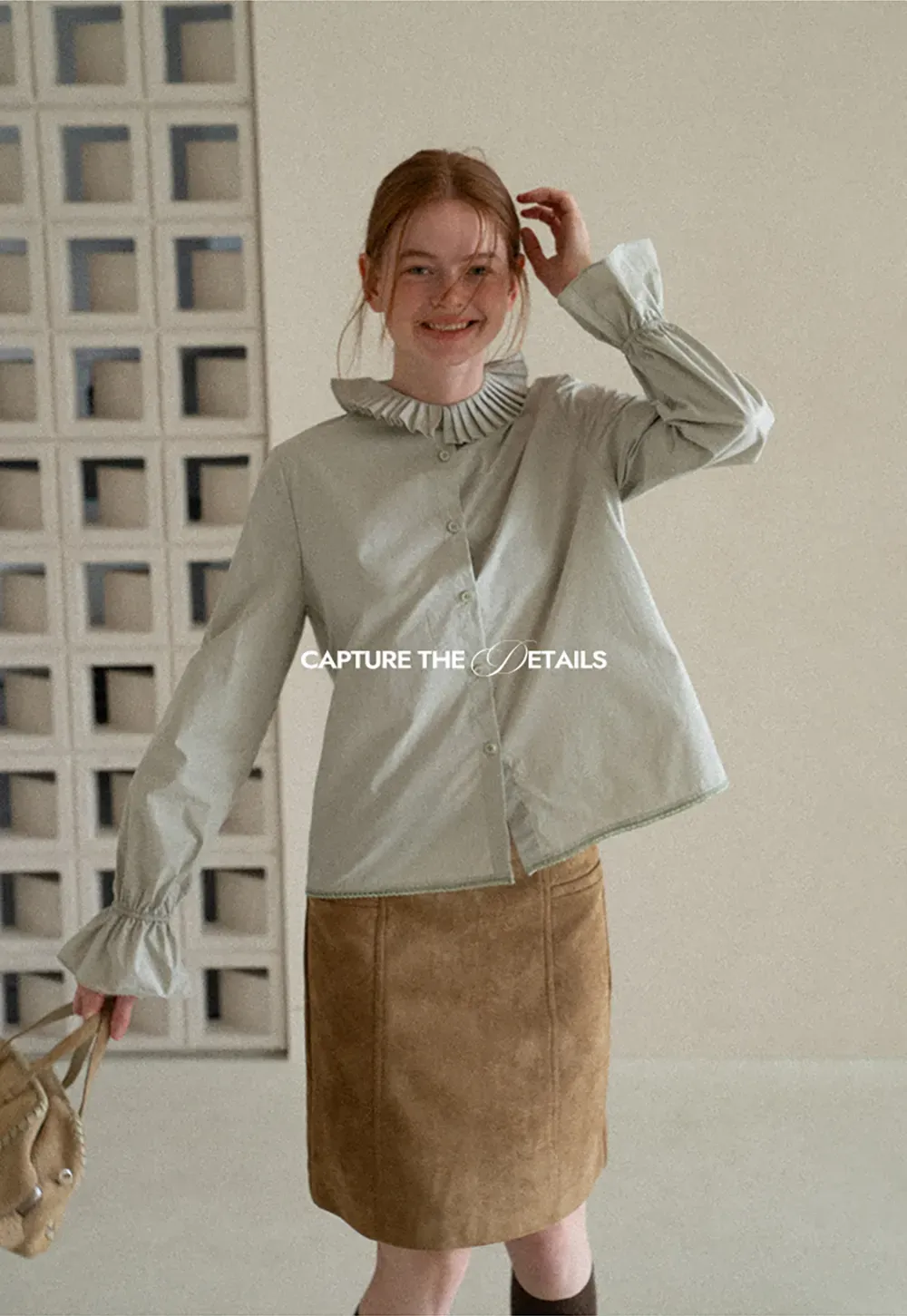 Pleated Collar Ruched Sleeve Button Up Shirt