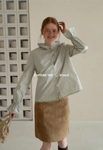 Pleated Collar Ruched Sleeve Button Up Shirt