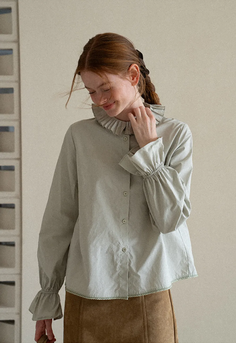 Pleated Collar Ruched Sleeve Button Up Shirt