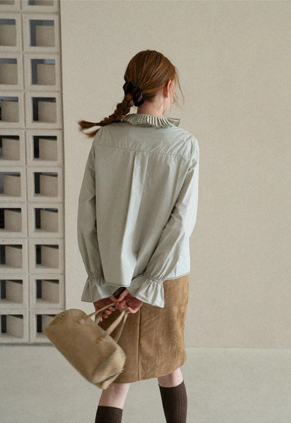 Pleated Collar Ruched Sleeve Button Up Shirt