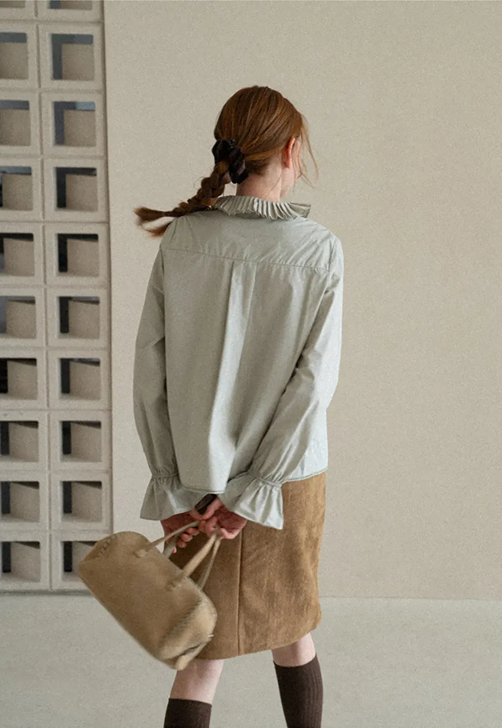 Pleated Collar Ruched Sleeve Button Up Shirt