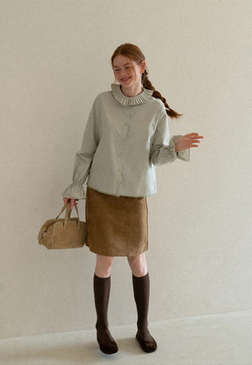 Pleated Collar Ruched Sleeve Button Up Shirt
