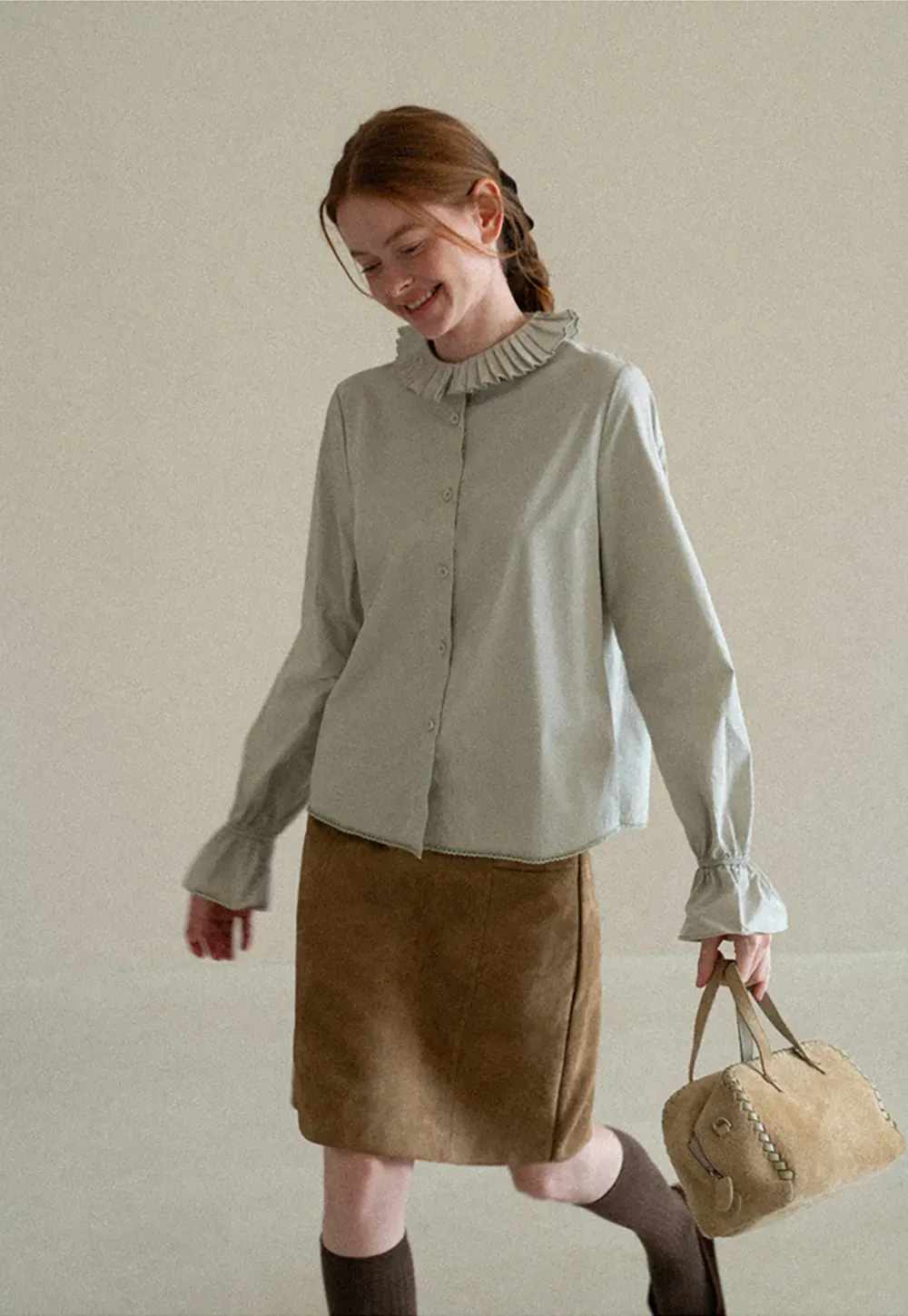 Pleated Collar Ruched Sleeve Button Up Shirt