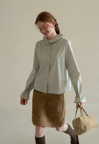 Pleated Collar Ruched Sleeve Button Up Shirt