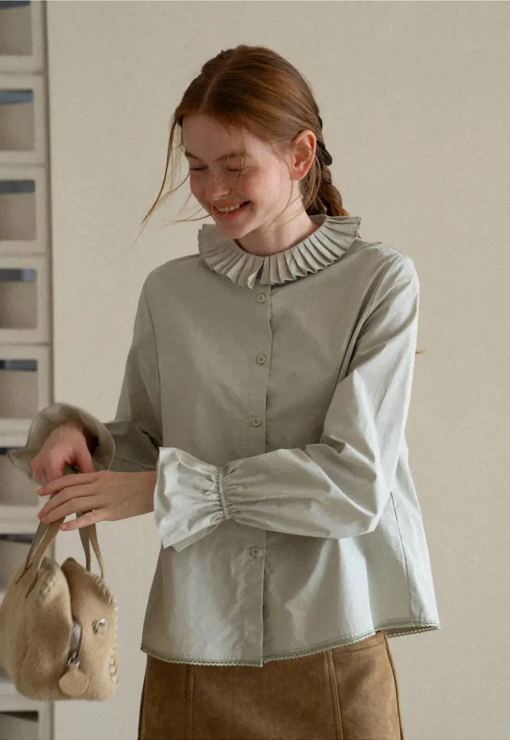 Pleated Collar Ruched Sleeve Button Up Shirt