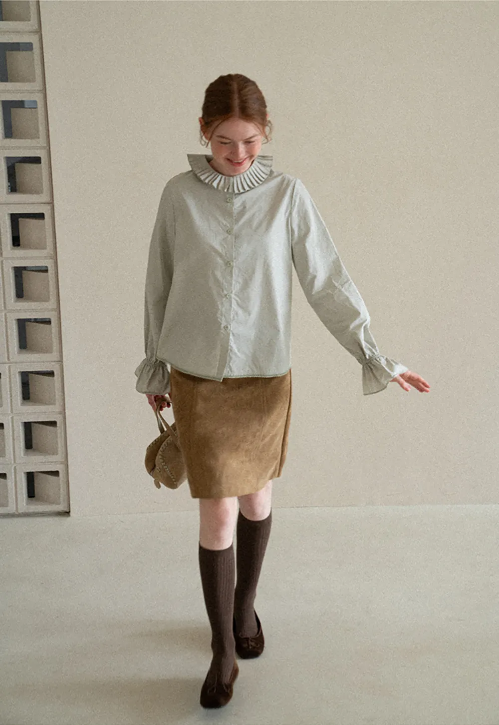 Pleated Collar Ruched Sleeve Button Up Shirt