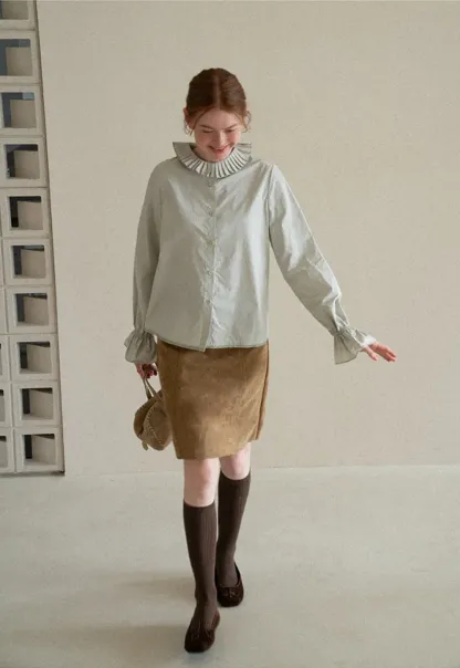 Pleated Collar Ruched Sleeve Button Up Shirt