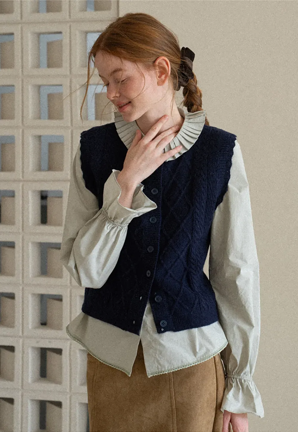 Pleated Collar Ruched Sleeve Button Up Shirt