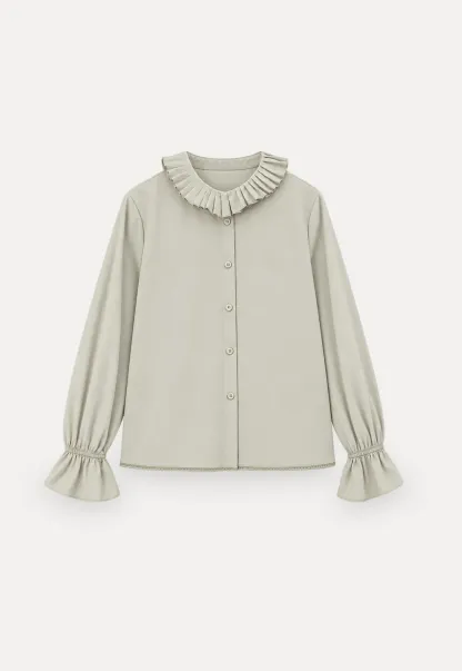 Pleated Collar Ruched Sleeve Button Up Shirt