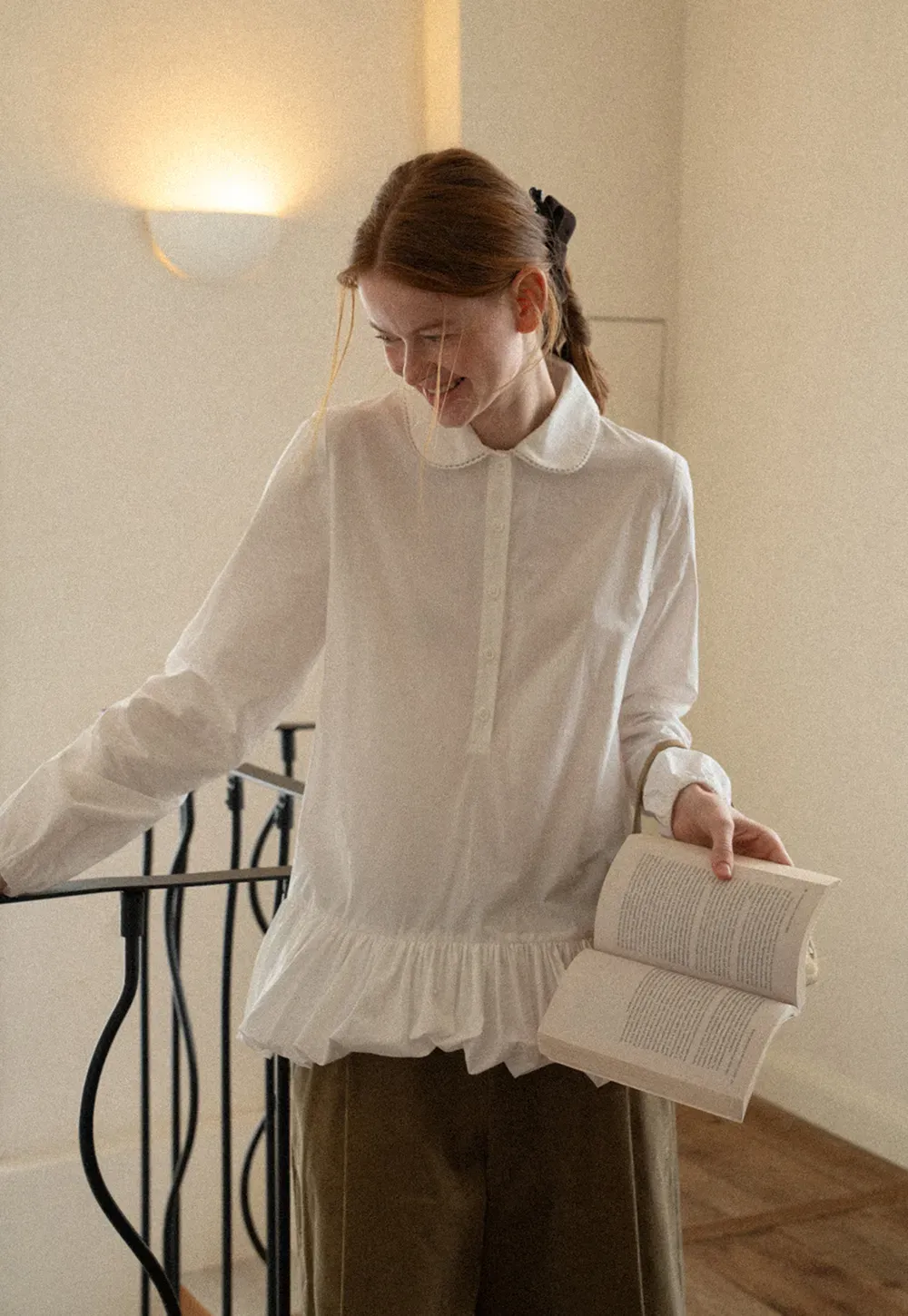 Peter Pan Collar Ruffled Hem Shirt