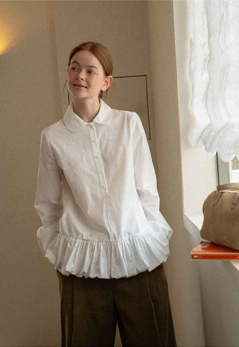 Peter Pan Collar Ruffled Hem Shirt