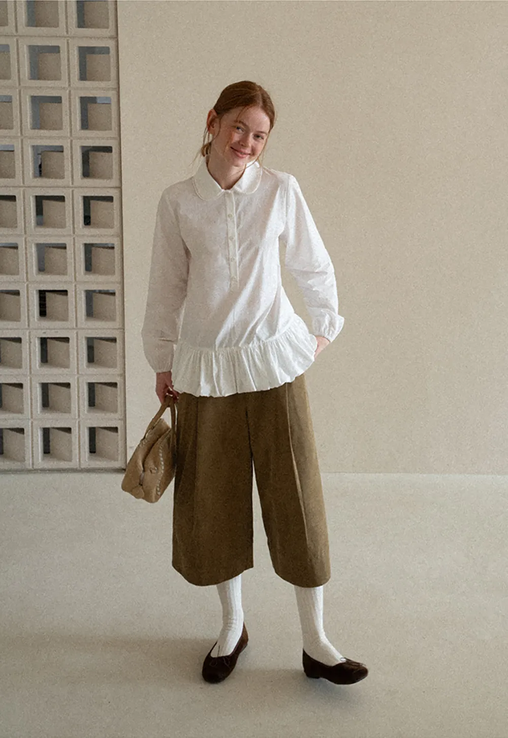 Peter Pan Collar Ruffled Hem Shirt