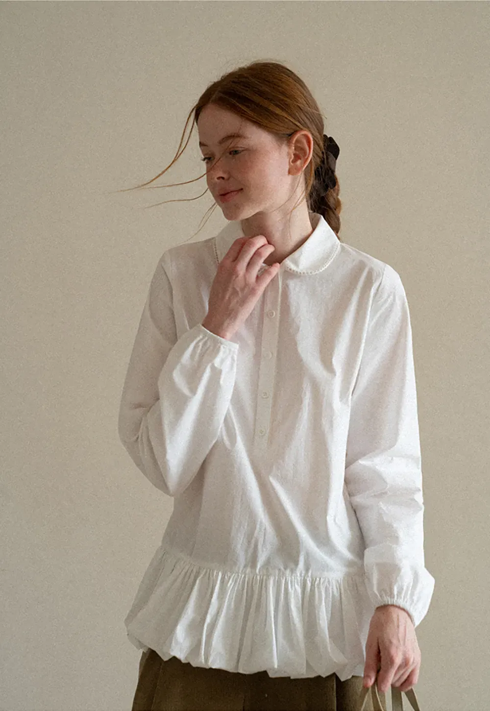 Peter Pan Collar Ruffled Hem Shirt