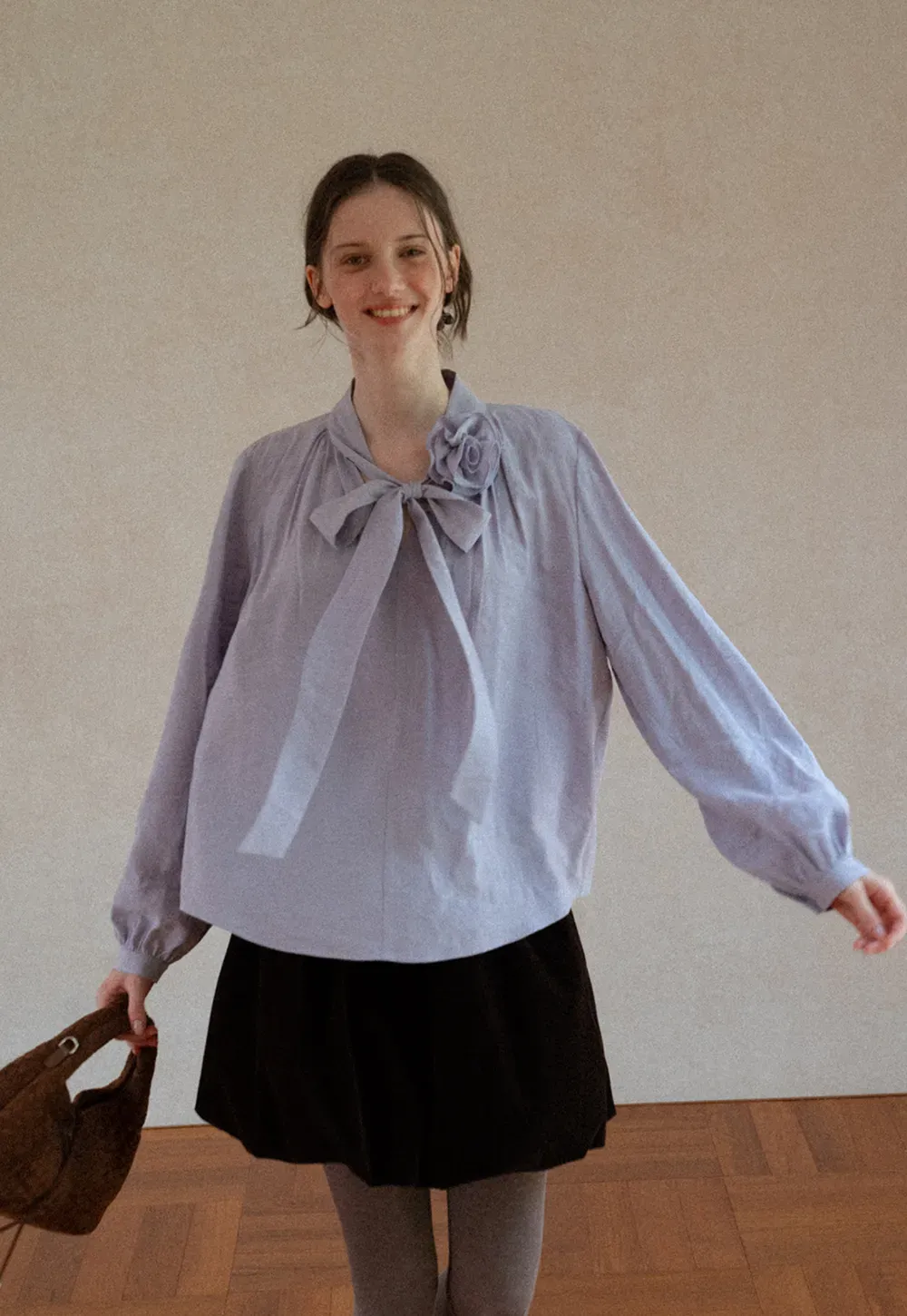 Bow Tie Neck Floral Applique Long Sleeve Shirt