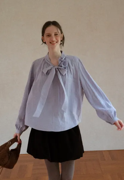 Bow Tie Neck Floral Applique Long Sleeve Shirt
