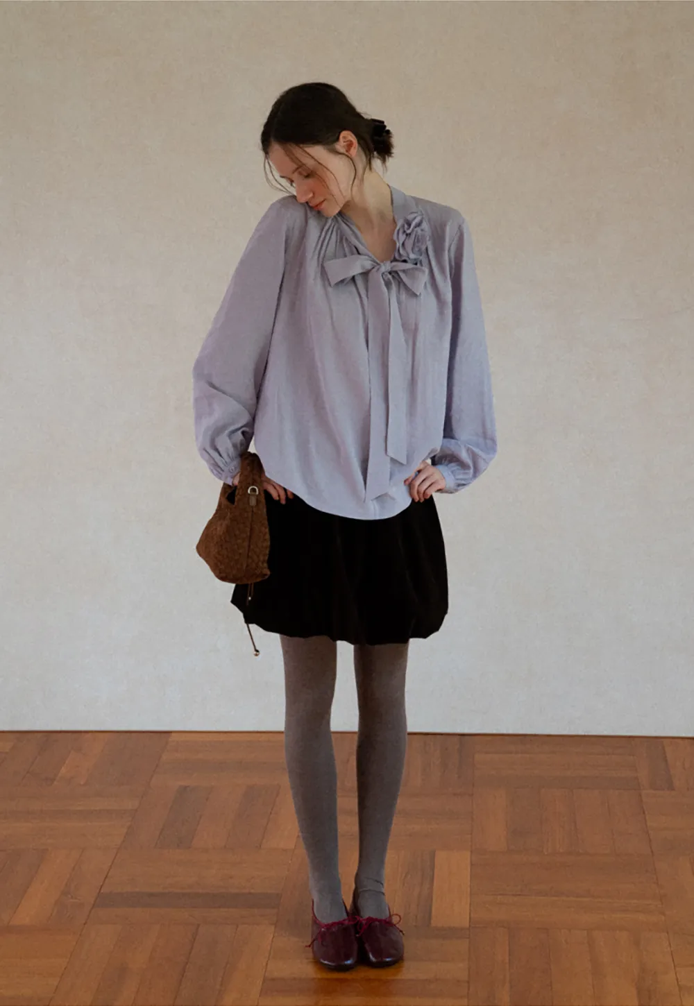 Bow Tie Neck Floral Applique Long Sleeve Shirt