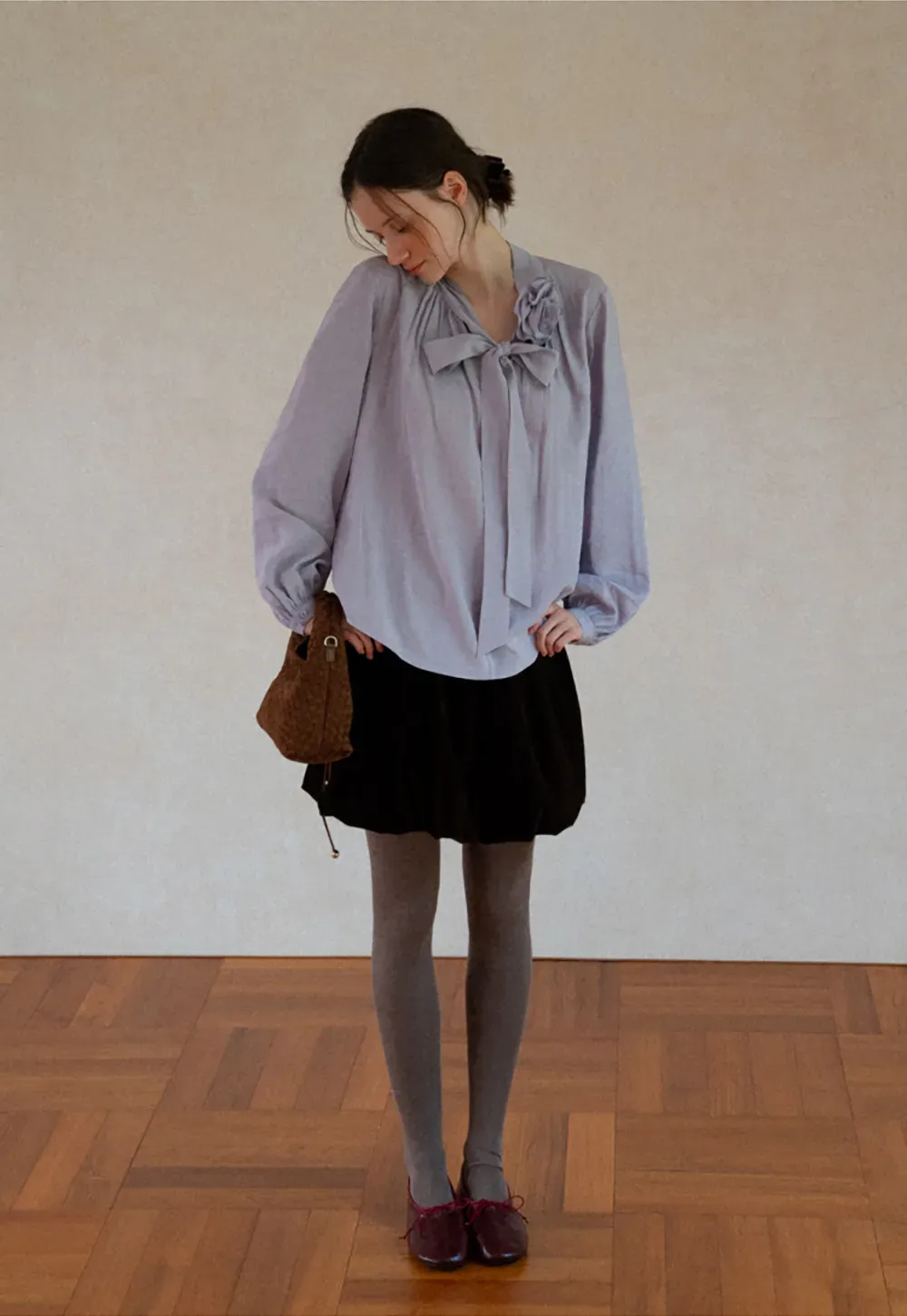 Bow Tie Neck Floral Applique Long Sleeve Shirt