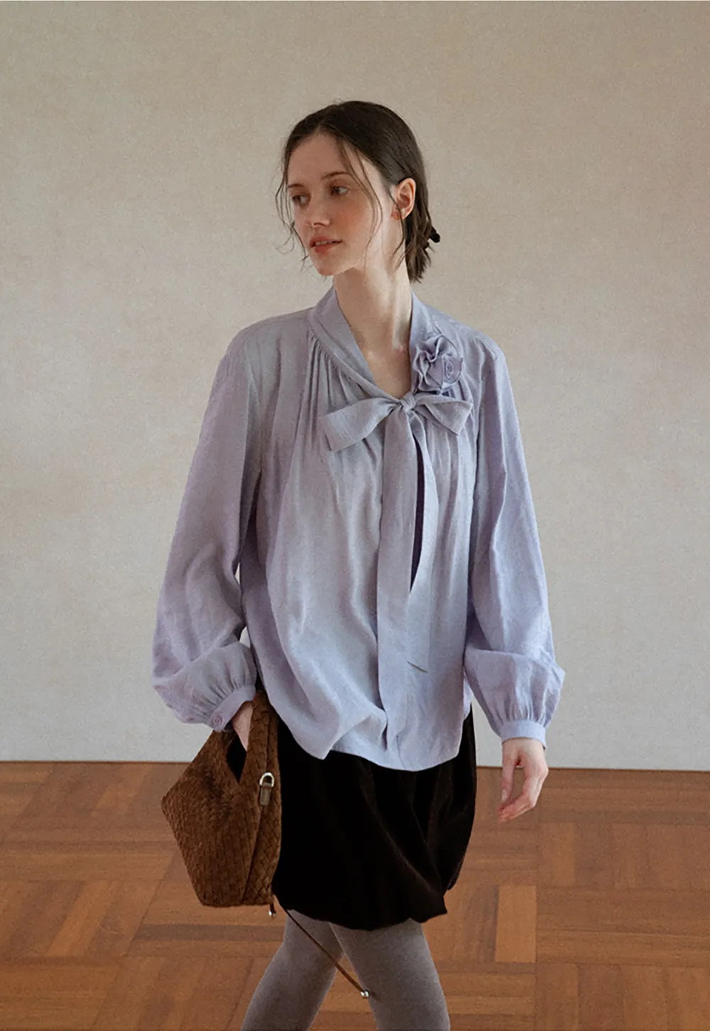 Bow Tie Neck Floral Applique Long Sleeve Shirt