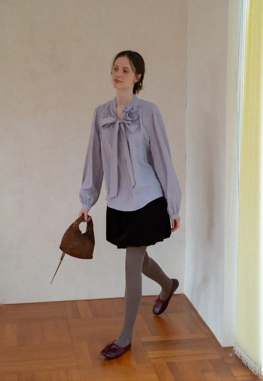 Bow Tie Neck Floral Applique Long Sleeve Shirt