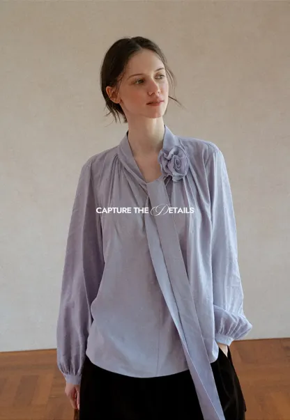 Bow Tie Neck Floral Applique Long Sleeve Shirt