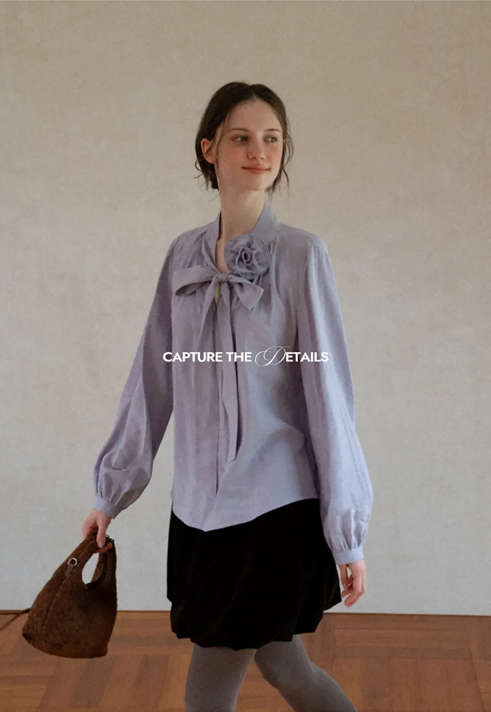 Bow Tie Neck Floral Applique Long Sleeve Shirt
