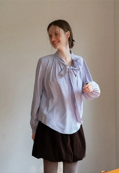 Bow Tie Neck Floral Applique Long Sleeve Shirt