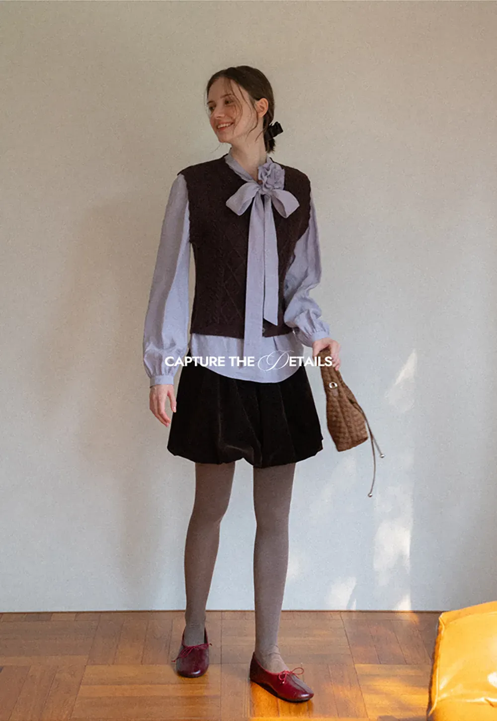 Bow Tie Neck Floral Applique Long Sleeve Shirt