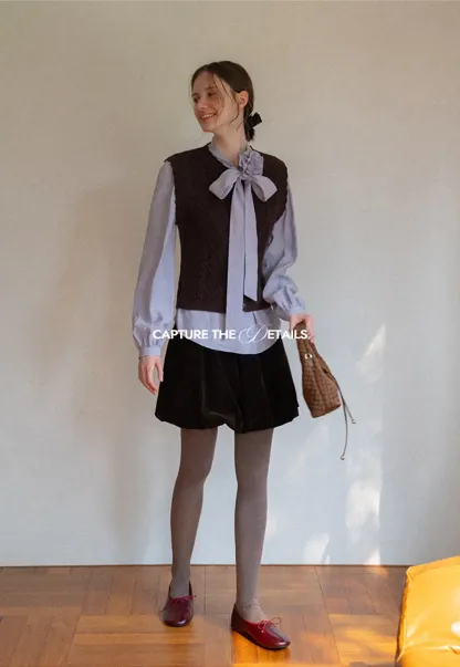 Bow Tie Neck Floral Applique Long Sleeve Shirt