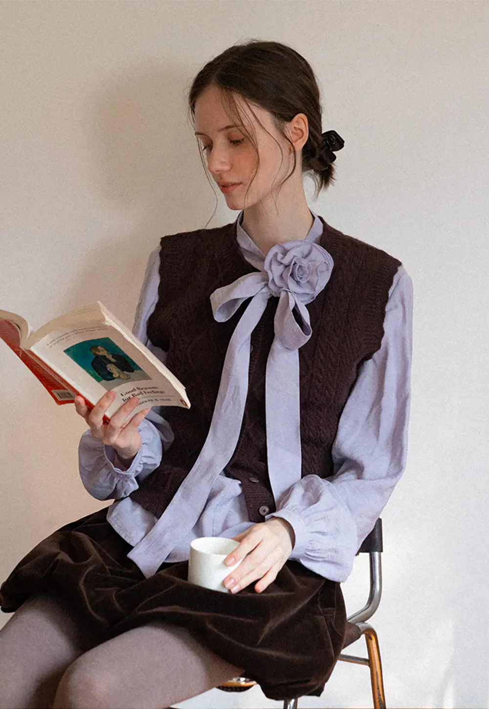 Bow Tie Neck Floral Applique Long Sleeve Shirt