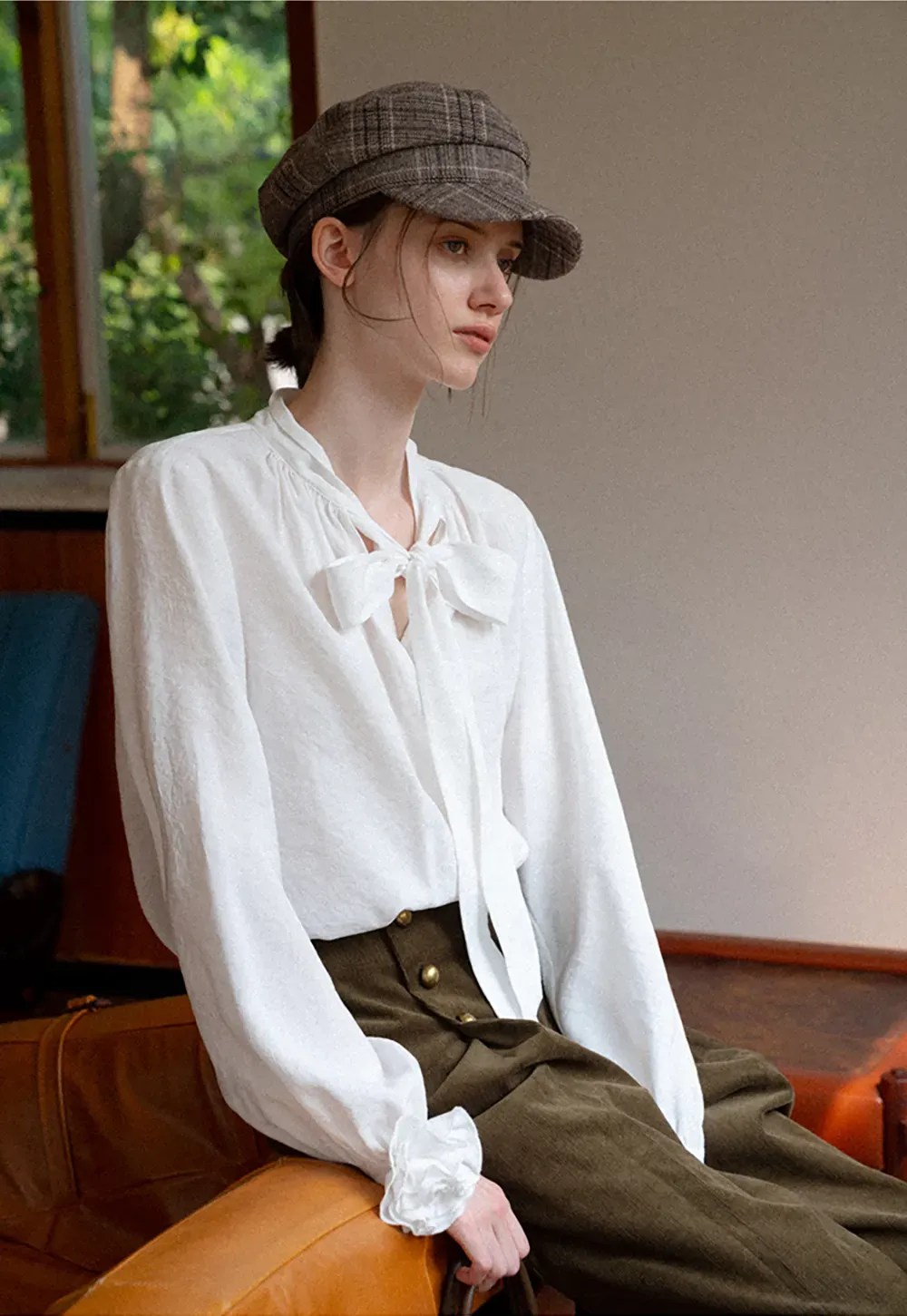 Bow Tie Neck Floral Applique Long Sleeve Shirt