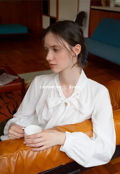 Bow Tie Neck Floral Applique Long Sleeve Shirt