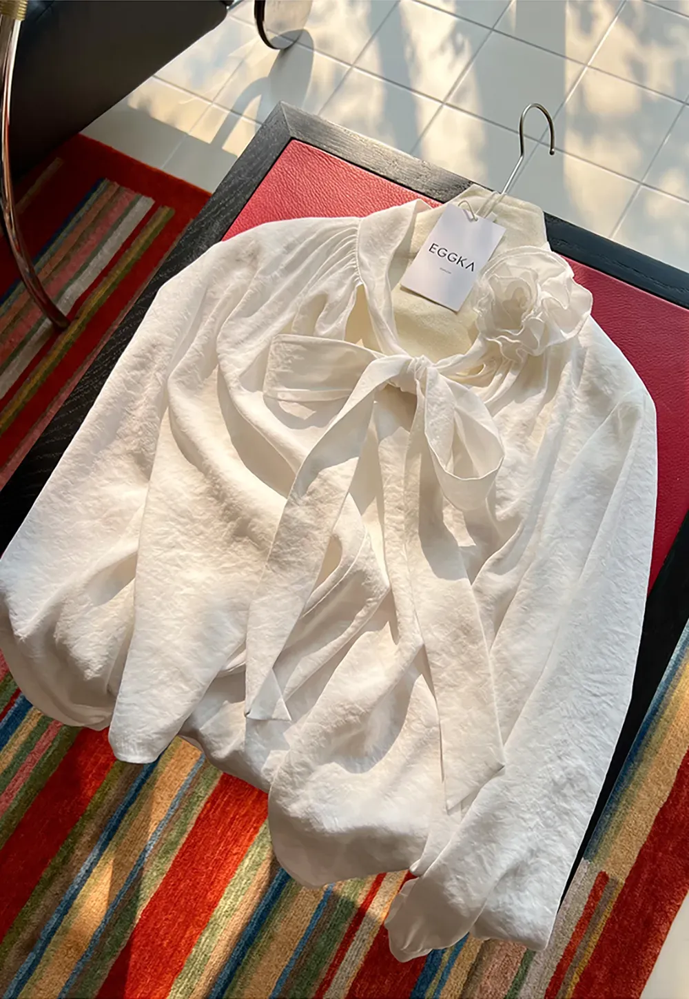 Bow Tie Neck Floral Applique Long Sleeve Shirt