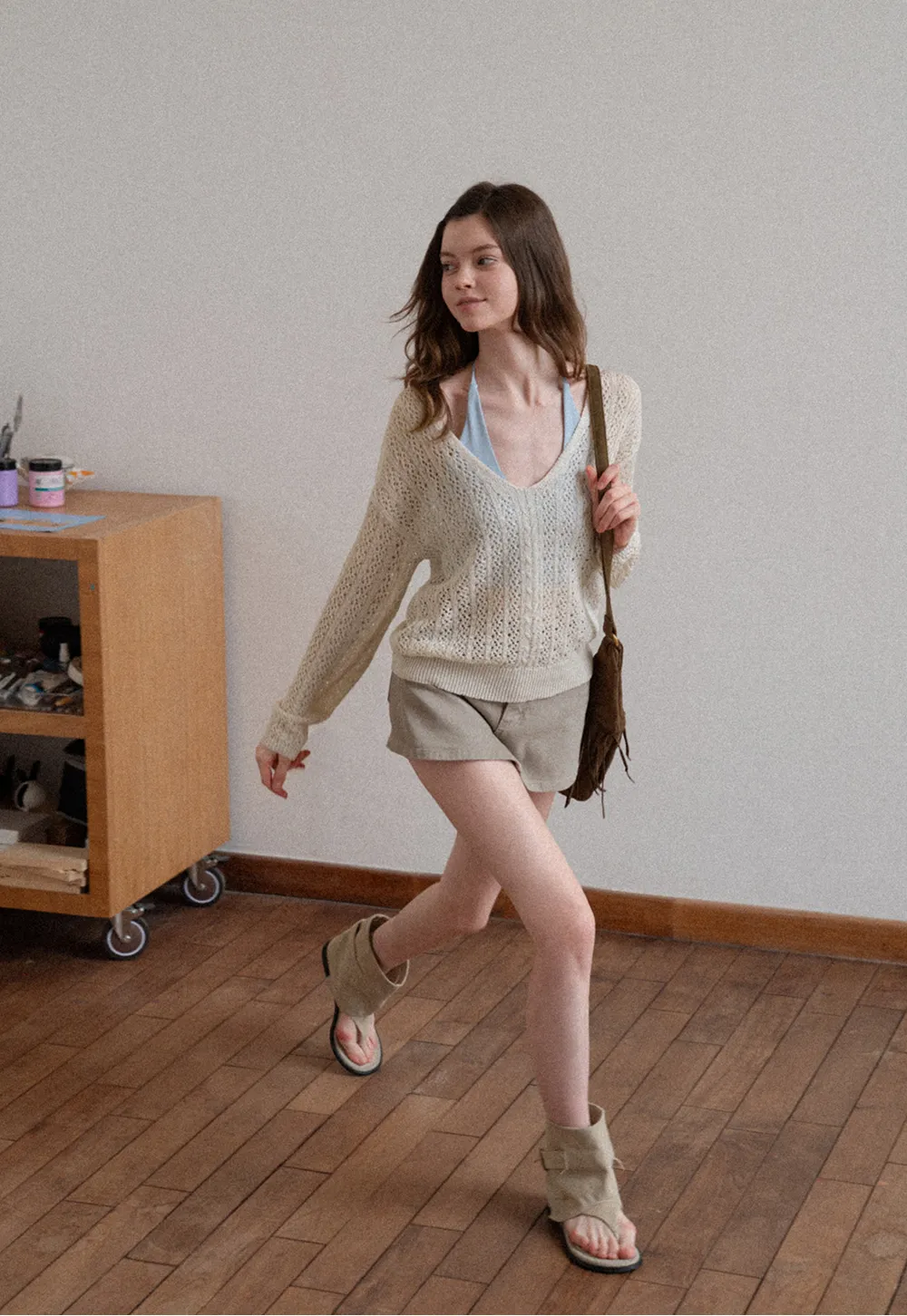 V Neck Loose Knit Sweater with Cable Pattern