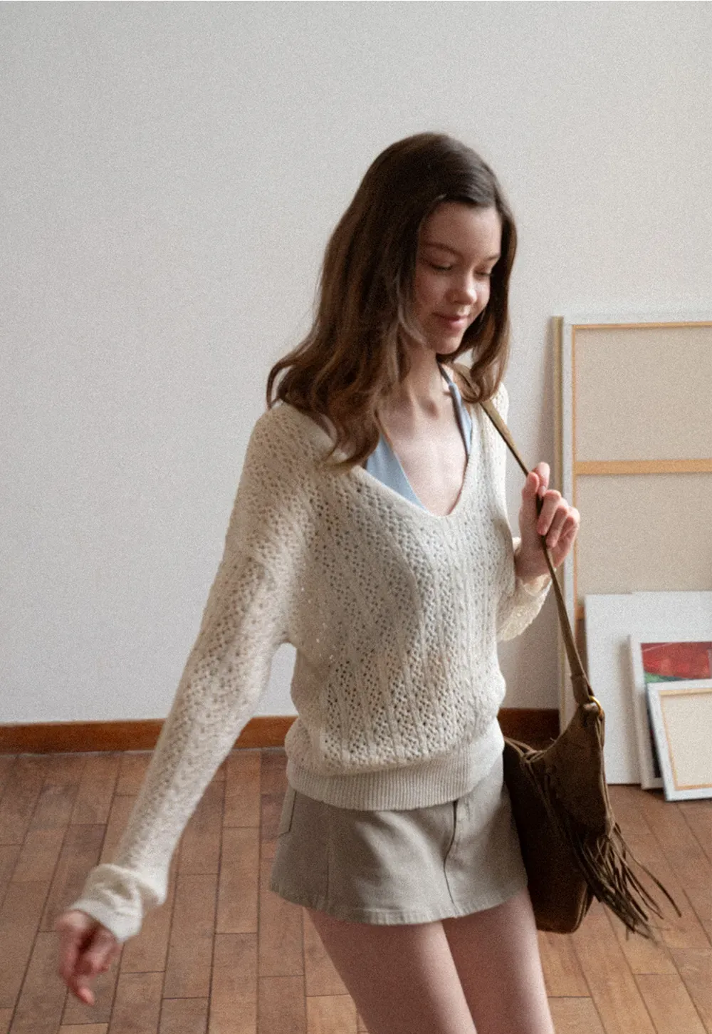 V Neck Loose Knit Sweater with Cable Pattern