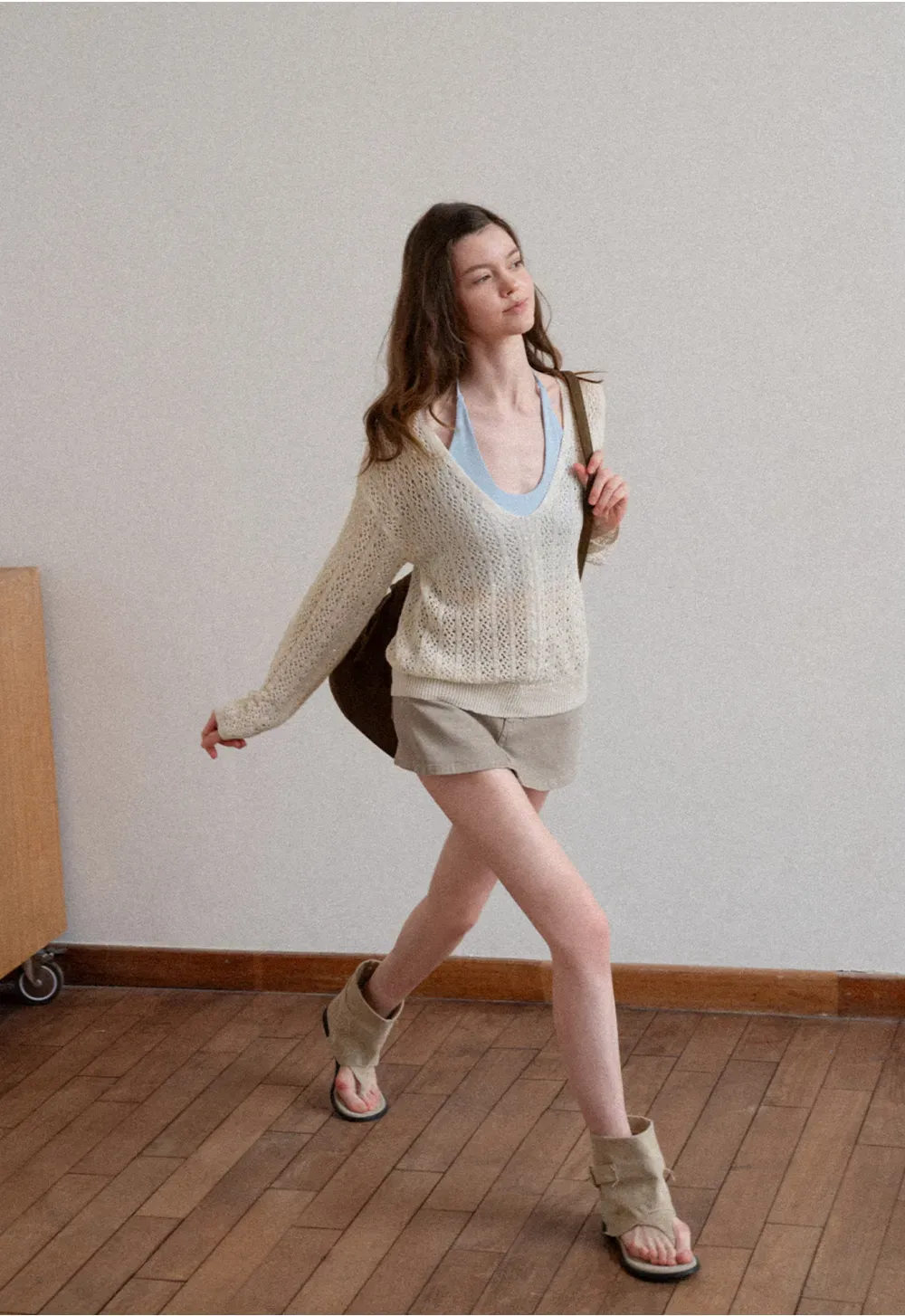 V Neck Loose Knit Sweater with Cable Pattern