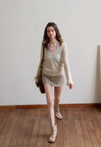 V Neck Loose Knit Sweater with Cable Pattern