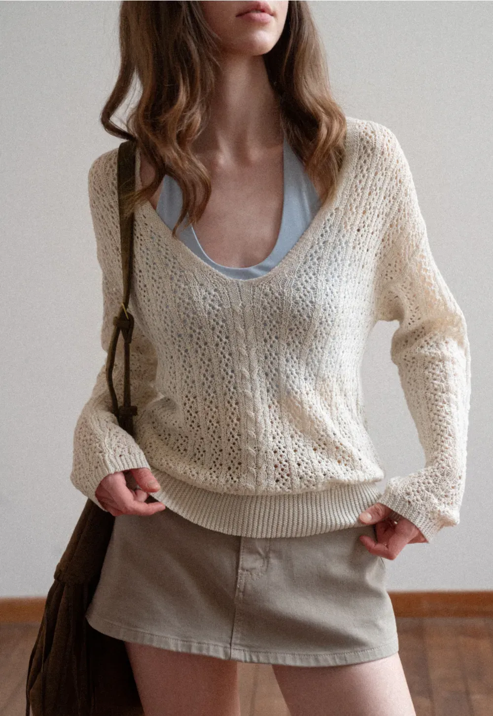 V Neck Loose Knit Sweater with Cable Pattern
