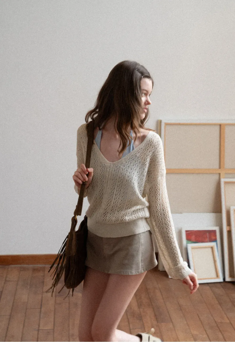 V Neck Loose Knit Sweater with Cable Pattern