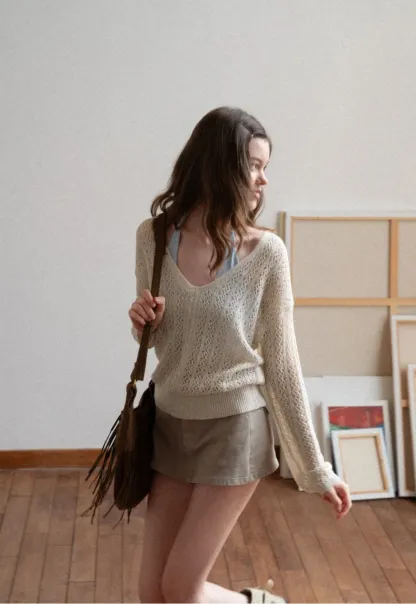 V Neck Loose Knit Sweater with Cable Pattern