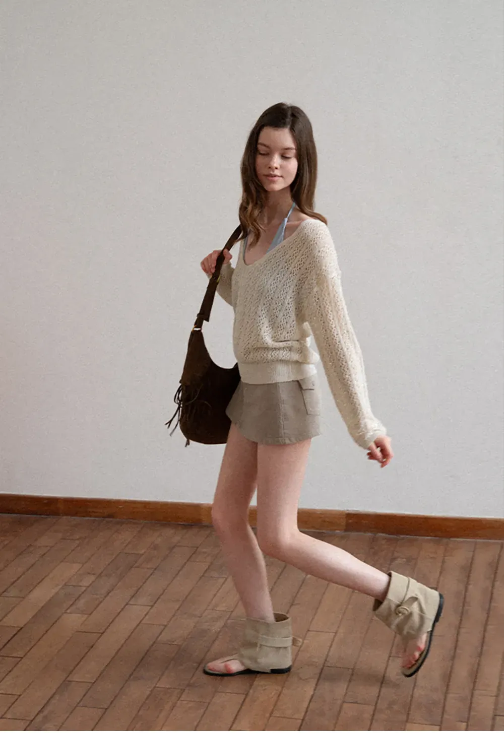 V Neck Loose Knit Sweater with Cable Pattern
