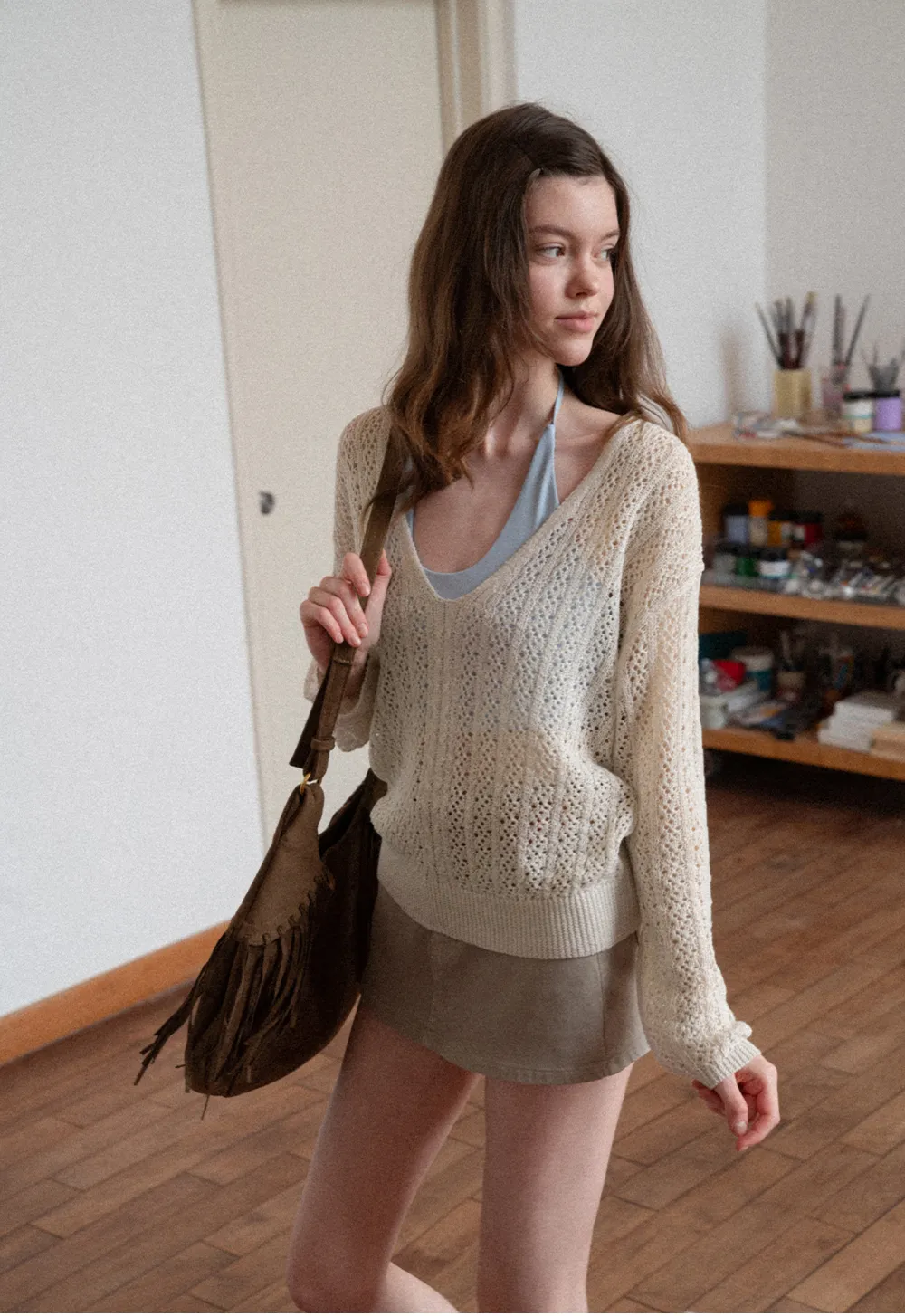 V Neck Loose Knit Sweater with Cable Pattern
