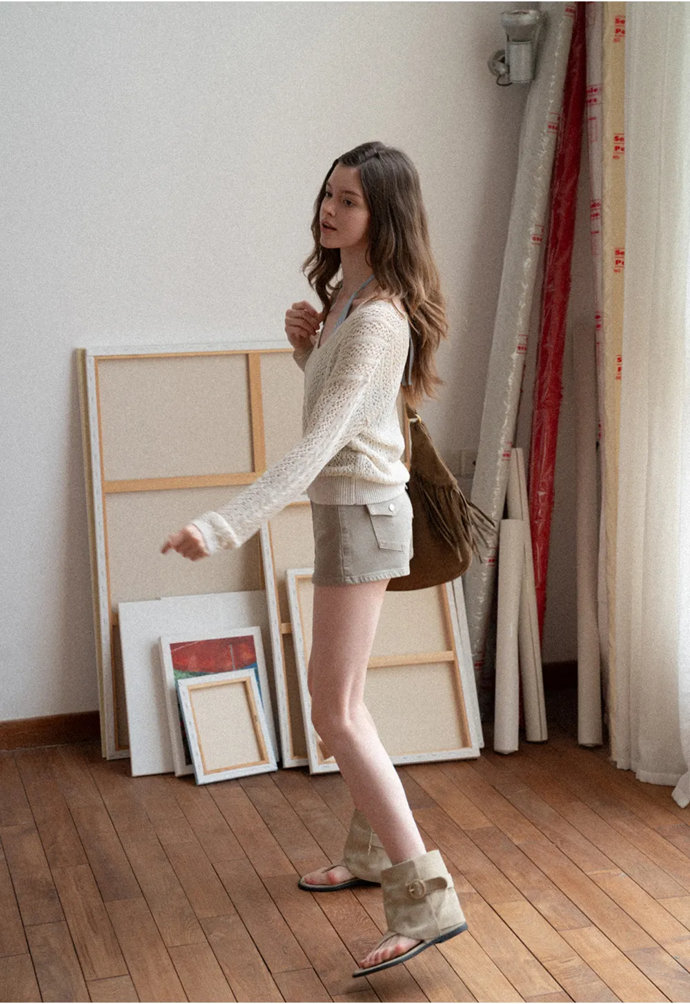 V Neck Loose Knit Sweater with Cable Pattern